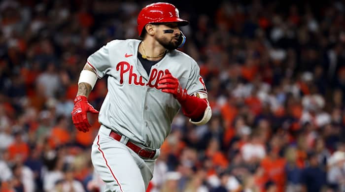 Phillies right fielder Nick Castellanos runs to first base after hitting an RBI single in Game 1 of the World Series.